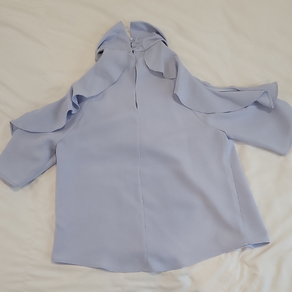 Topshop Light Blue Cold Shoulder Ruffle Blouse - Picture 5 of 7